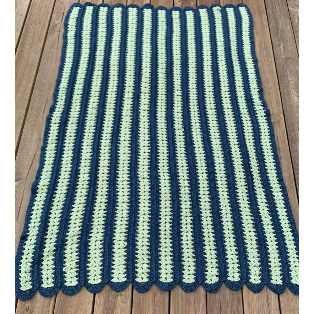 Vintage Crocheted Afghan Blanket Navy Blue Muted Green 65” x 46” Rounded Ends